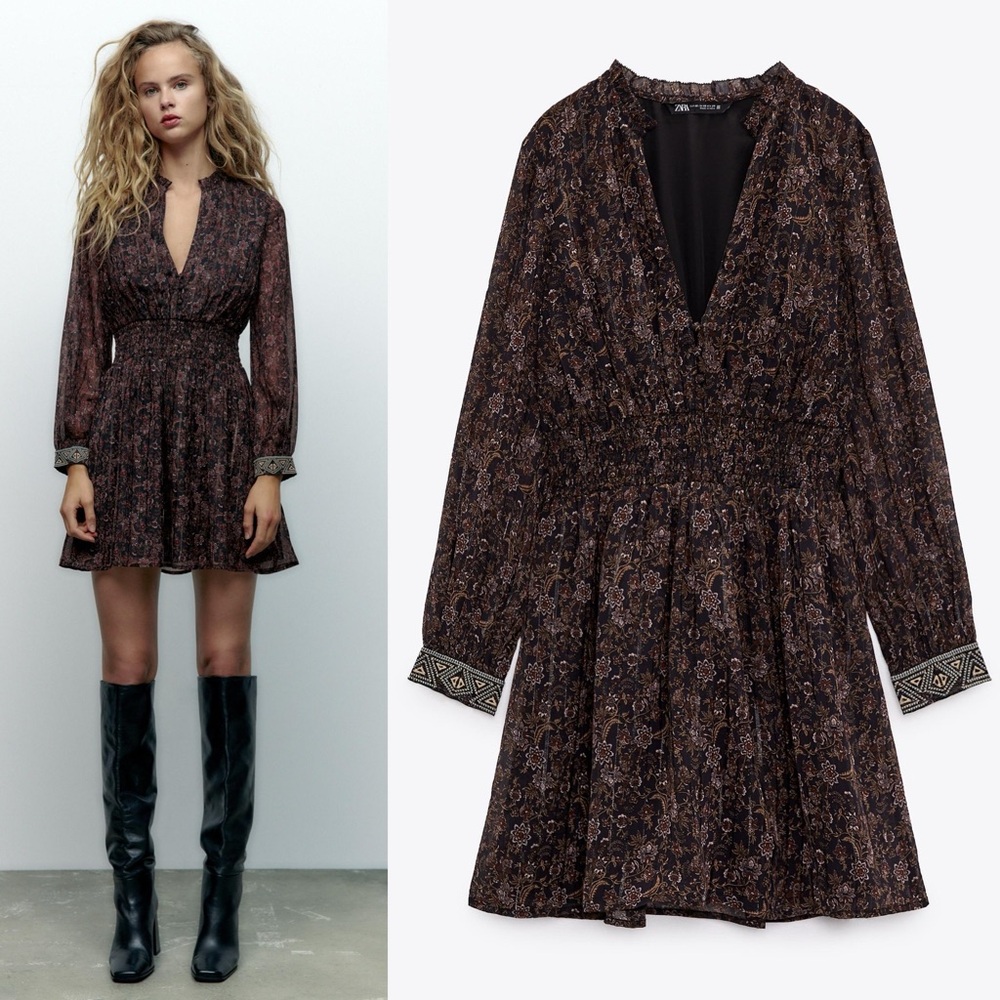 Zara Floral Smocked Waist Long Sleeve Mini Dress Womens XS New NWT